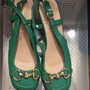 Green Women's Shoes with Gold Accents